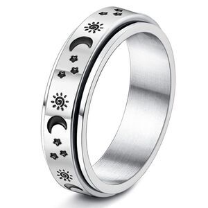 316L Stainless Silver Sun Moon & Stars Fidget Anxiety Stress Relieving Spin Ring